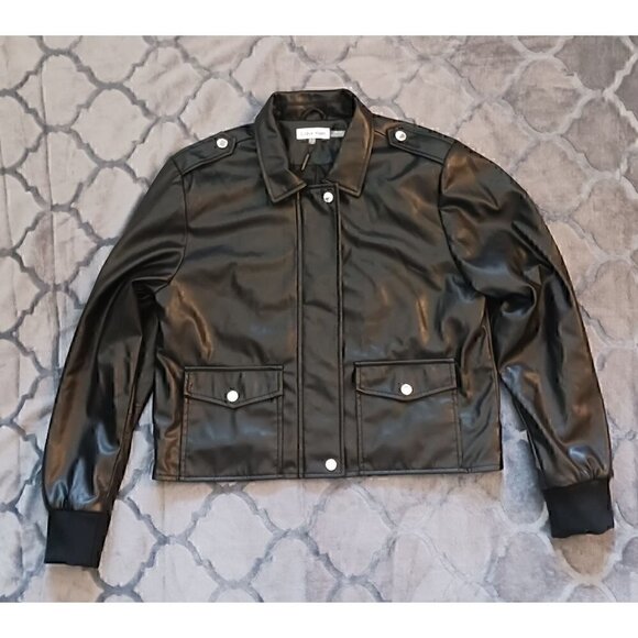 Calvin Klein Women's Black Faux Leather Cropped Moto Jacket Size Large NWT - Picture 1 of 5